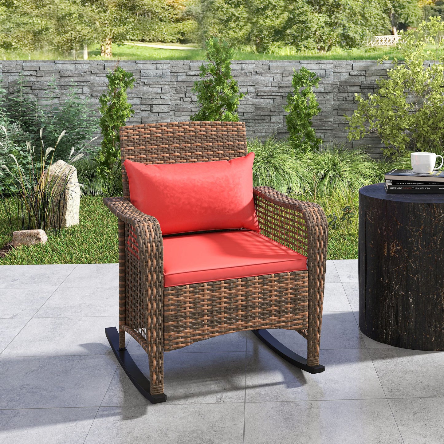 Fotel bujany Outsunny Rattan - czerwony