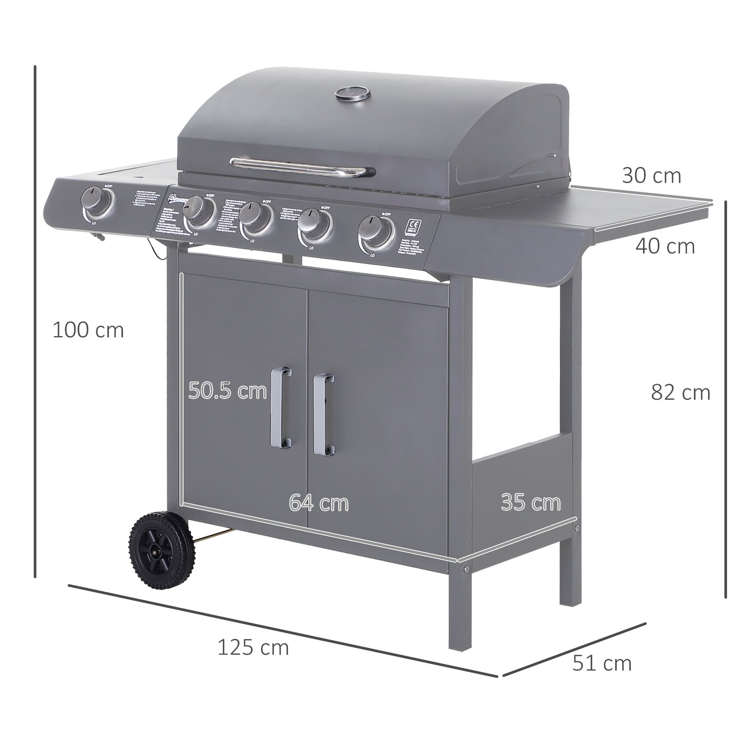Grill gazowy Outsunny 4+1 Burner, wózek do grillowania na zewnątrz z kółkami, rusztem do podgrzewania, półkami bocznymi, szafką, termometrem do ogrodu, na imprezę, na kemping, 125 dł. x 51 szer. x 100 wys. cm, szary