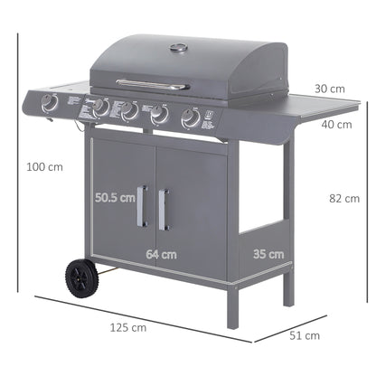 Grill gazowy Outsunny 4+1 Burner, wózek do grillowania na zewnątrz z kółkami, rusztem do podgrzewania, półkami bocznymi, szafką, termometrem do ogrodu, na imprezę, na kemping, 125 dł. x 51 szer. x 100 wys. cm, szary
