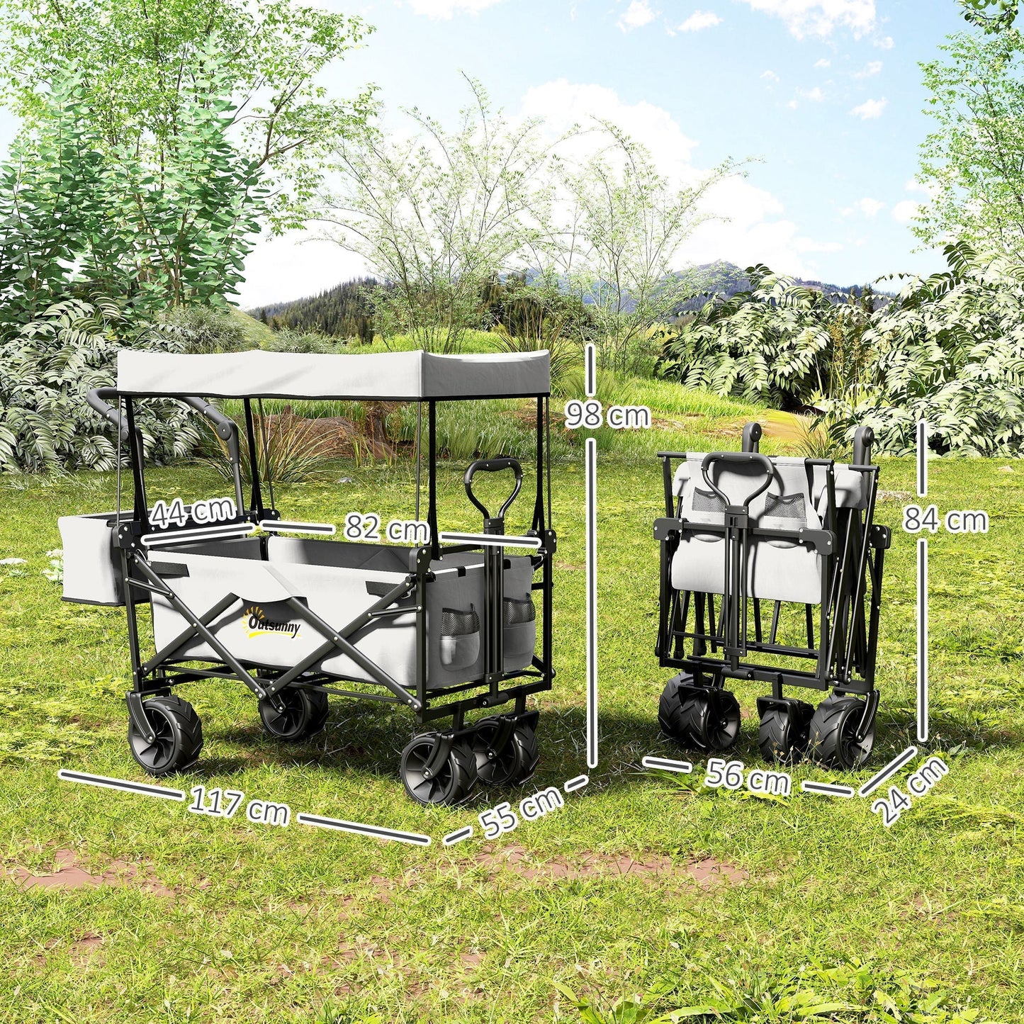 Outsunny Folding Trolley Cart Storage Wagon Beach Trailer 4 Wheels with Handle Overhead Canopy Cart Push Pull for Camping, Grey