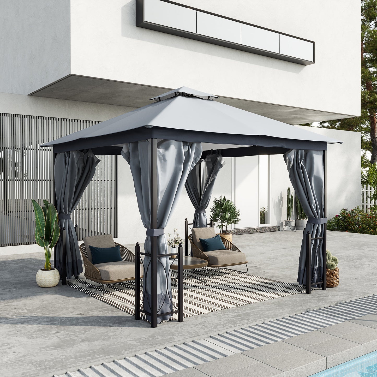 Outsunny 4 x 3.35(m) Patio Metal Gazebo Canopy Garden Tent Sun Shade, Outdoor Shelter with 2 Tier Roof, Netting and Curtains, Steel Frame, Grey