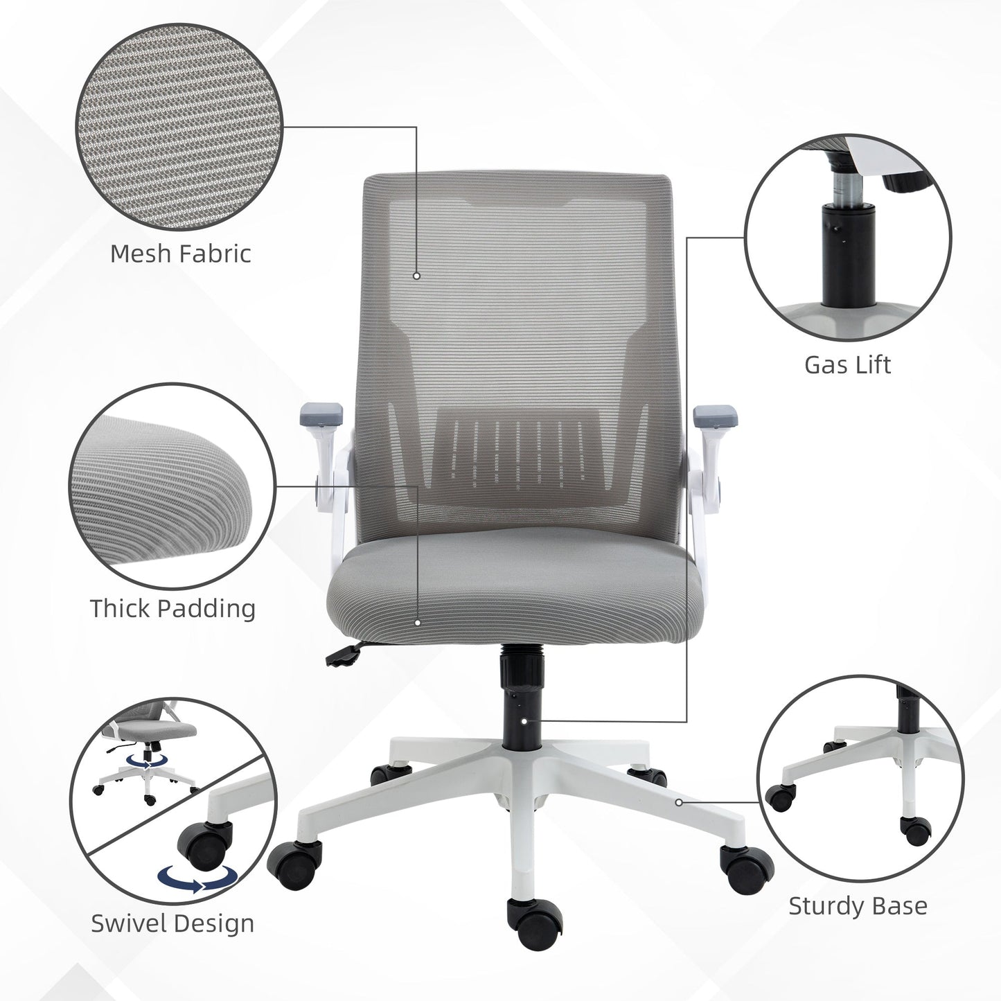 Vinsetto Mesh Office Chair, Desk Chair with Lumbar Support, Flip-up Armrest, Swivel Wheels, Adjustable Height, Grey