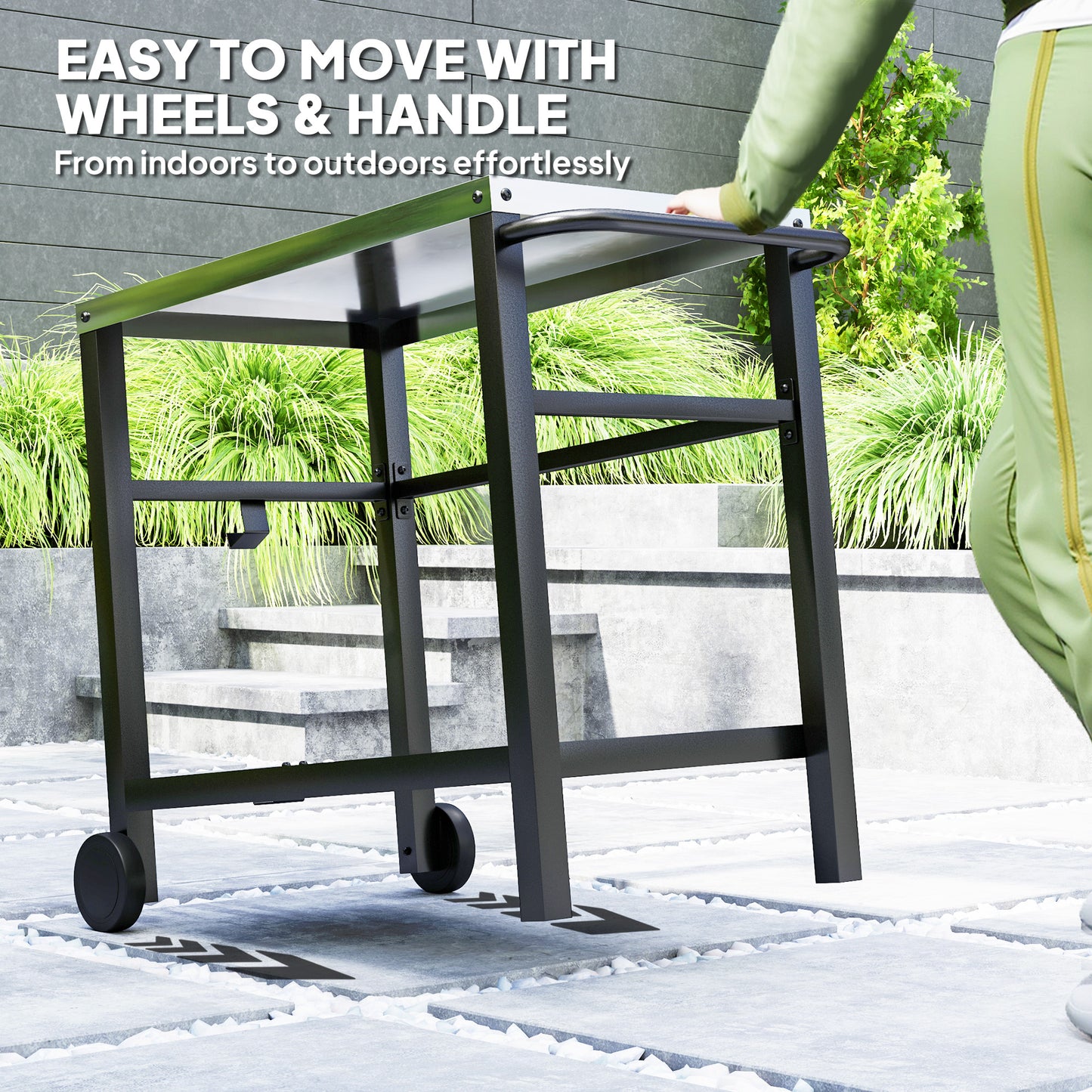 Outsunny Outdoor Grill Dining Cart 2-Shelf Movable Pizza Oven Table Stand z blatem ze stali nierdzewnej, przenośny wózek do grilla Food Prep Outdoor Kitchen BBQ Station z haczykami, kółkami i uchwytem, ​​antracytowy