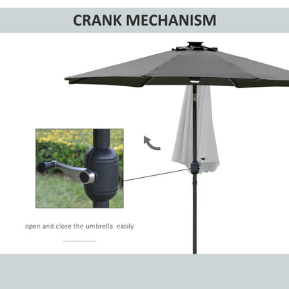 2.7m Garden Parasol Sun Umbrella Patio Summer Shelter w/ LED Solar Light, Angled Canopy Vent, Crank Tilt, Grey