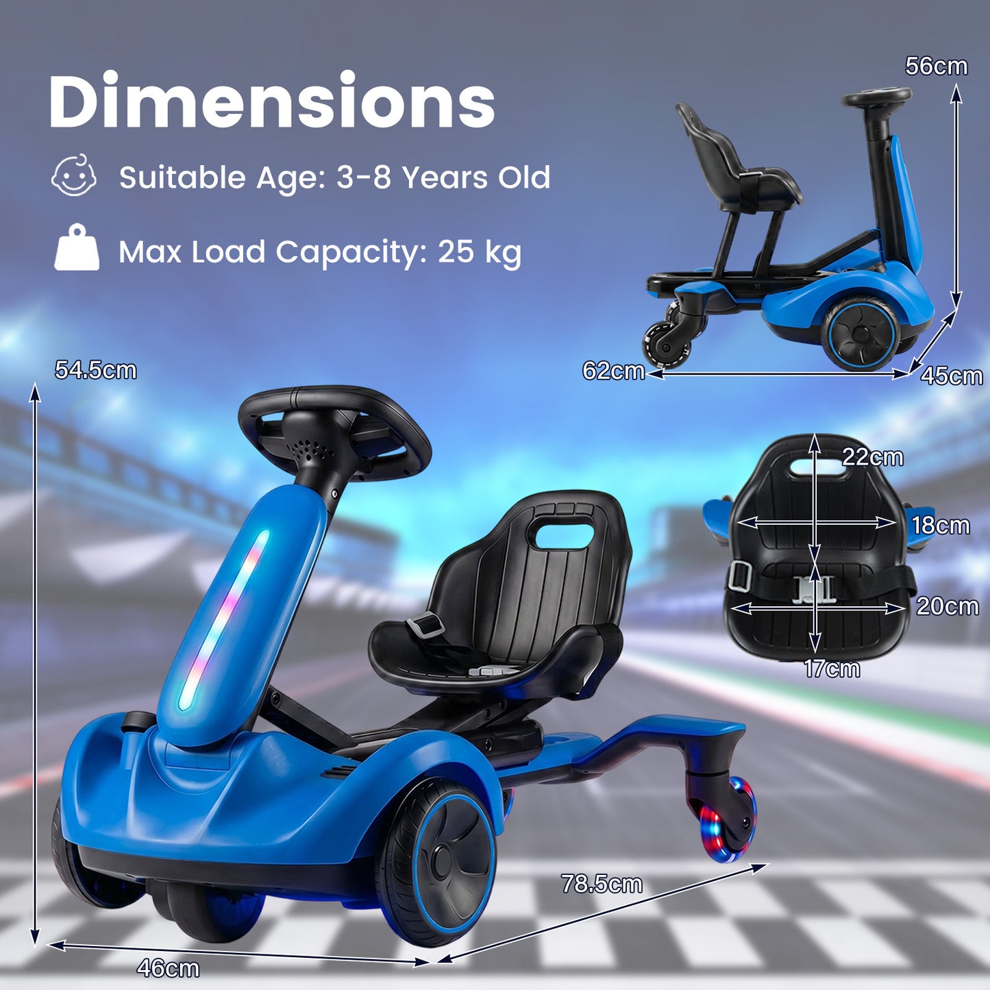 Ride on Drift Car for Kids 2-In-1 Go Kart with Adjustable Seat Sound LED Lights-Blue
