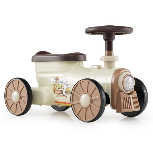 Ride on Push Car Train with Sound Button and Storage Compartment-Beige