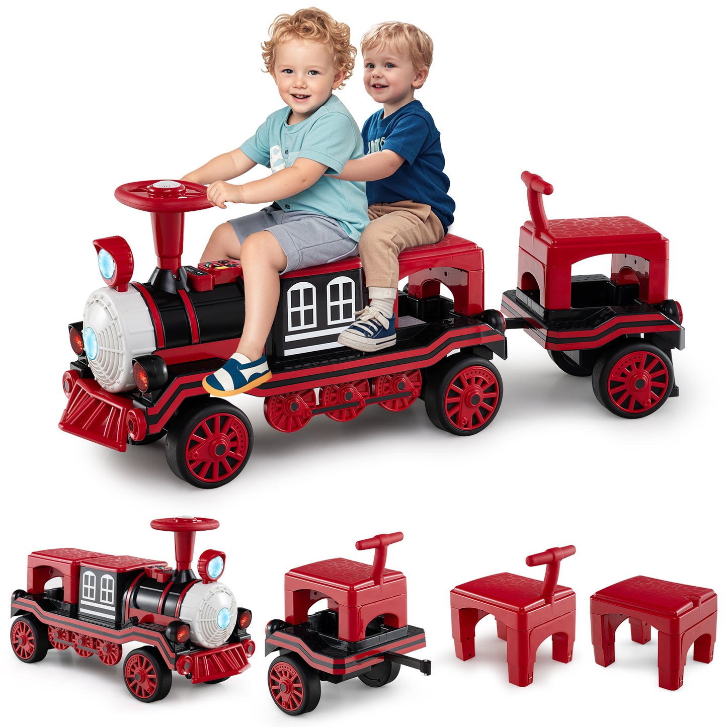 3-Seater 12V Ride on Train Set Trackless with 2 Removable Chairs-Red