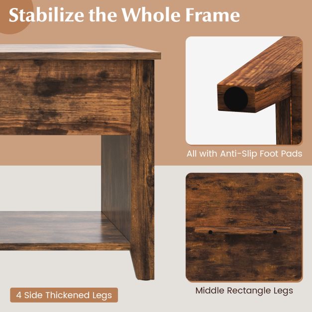 Rising Center Table with Lift Top Hidden Compartment-Rustic Brown