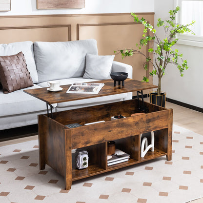 Rising Center Table with Lift Top Hidden Compartment-Rustic Brown