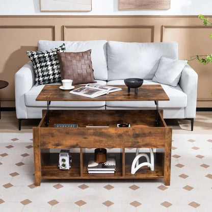 Rising Center Table with Lift Top Hidden Compartment-Rustic Brown