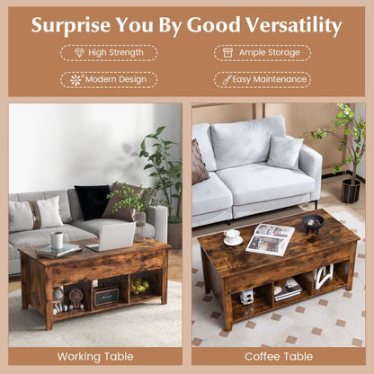 Rising Center Table with Lift Top Hidden Compartment-Rustic Brown