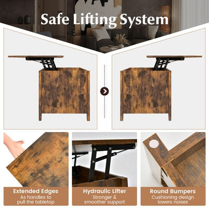 Rising Center Table with Lift Top Hidden Compartment-Rustic Brown