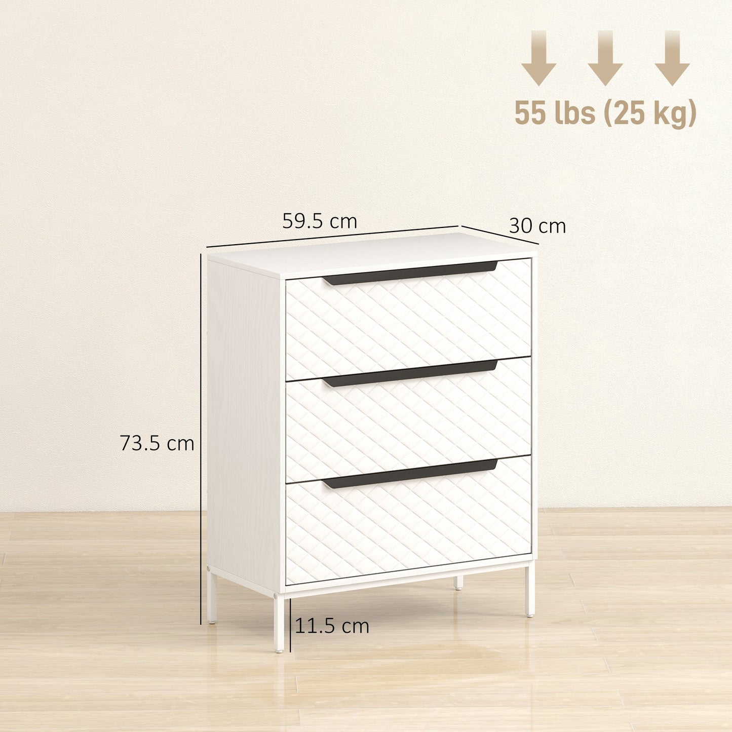 HOMCOM Chest of Drawers, Dresser with 3 Fabric Drawers and Aluminium Handles - White