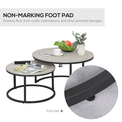 2 Piece Stacking Coffee Table Set w/ Steel Frame Marble-Effect Top Foot Pads Nest of Tables Storage Display Black/Grey