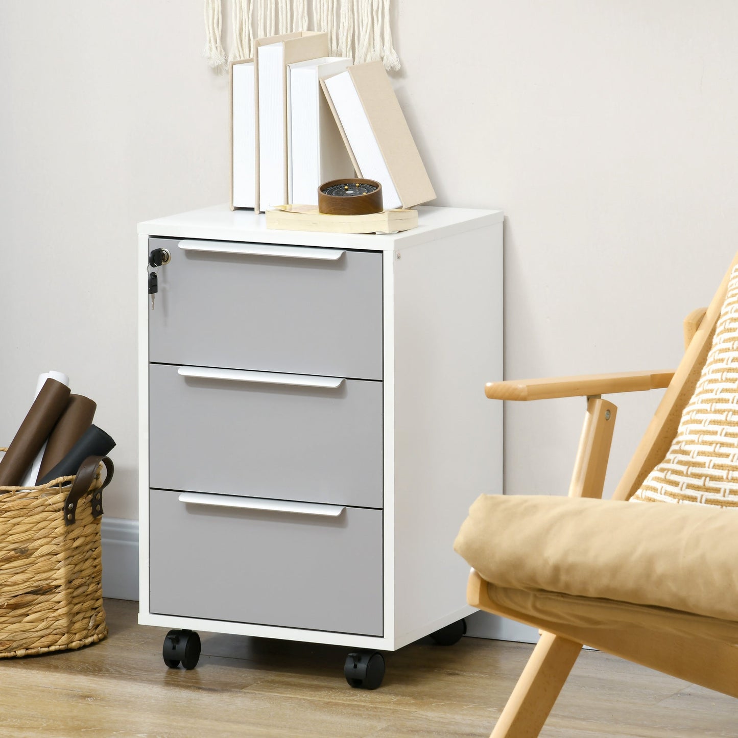 HOMCOM Three-Drawer Locking Filing Cabinet - Grey/White