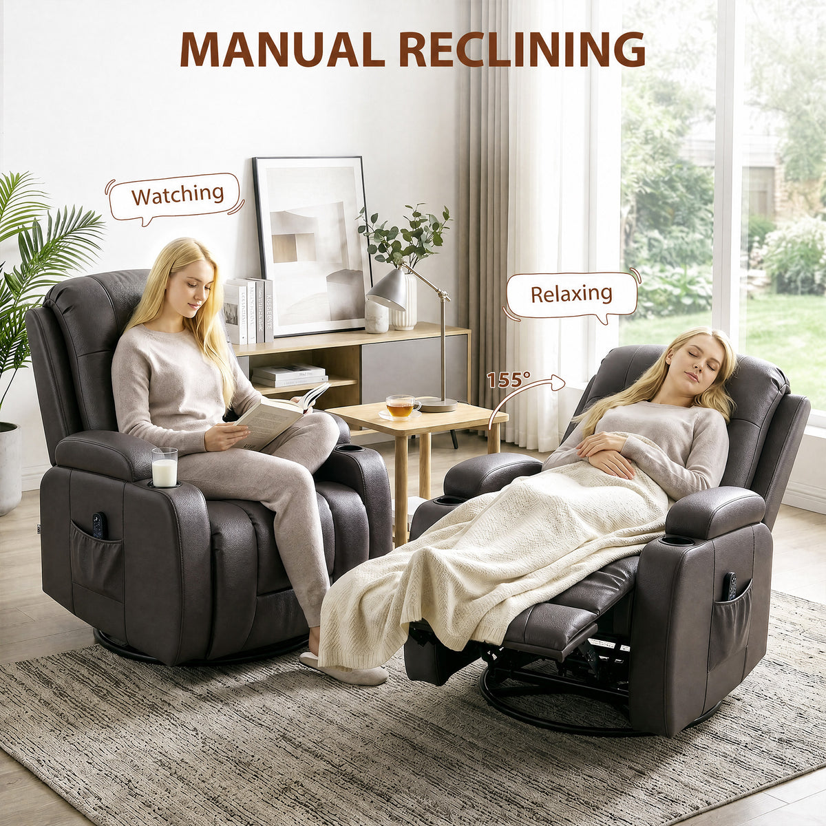 HOMCOM PU Leather Recliner Chair, Recliner Armchair with Extended Footrest, Cup Holders and Side Pockets, Dark Brown