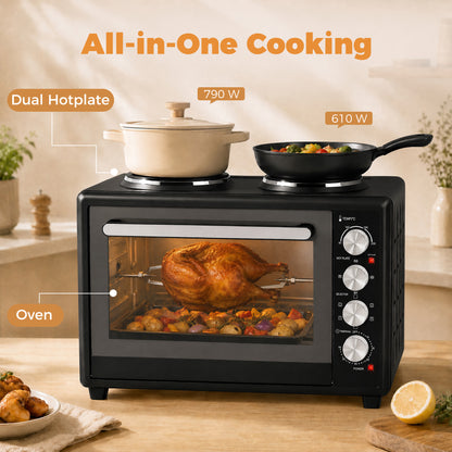 HOMCOM 36L Mini Oven with Dual Hot Plates, Electric Countertop Cooker with Convection, 90-230°C Adjustable Temperature