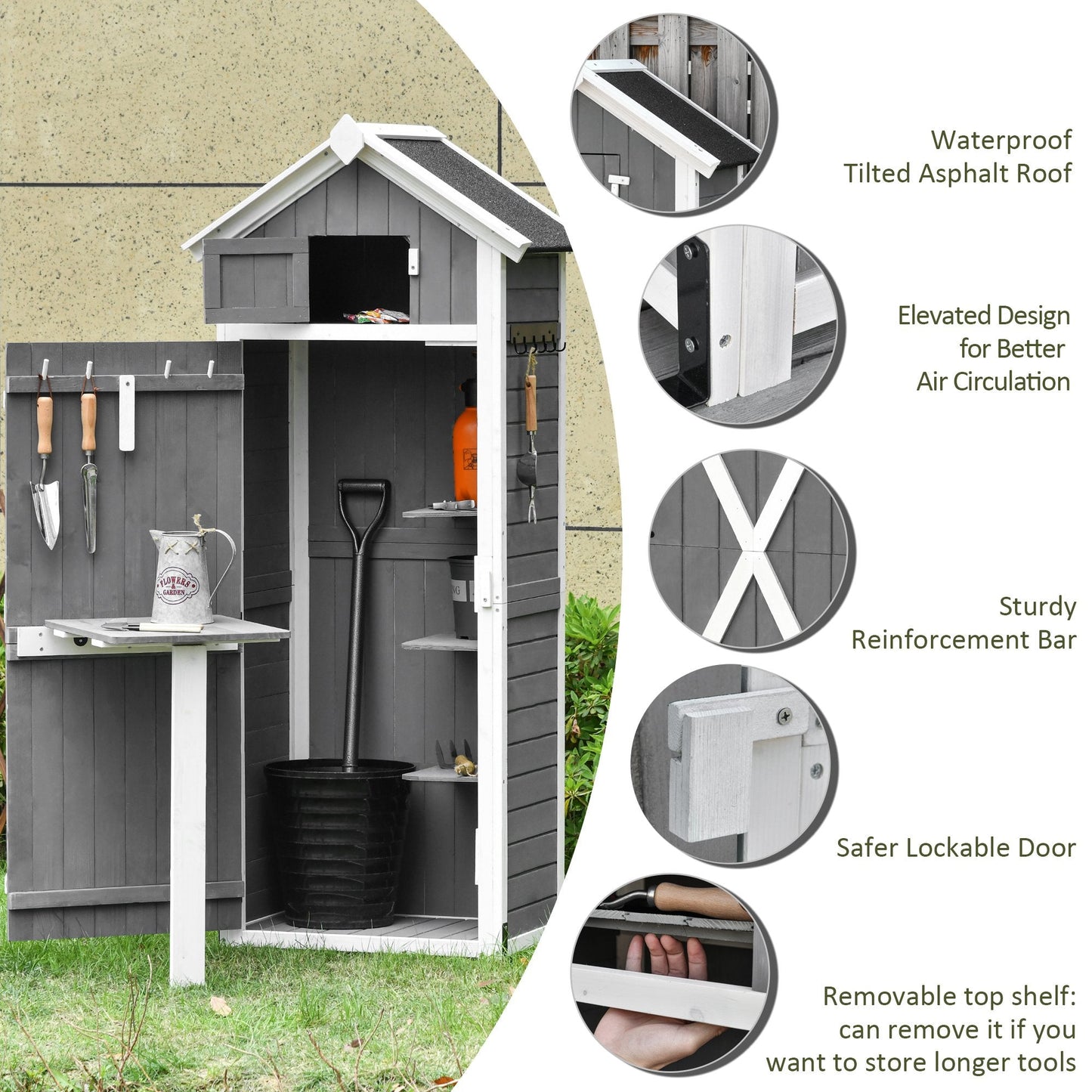 Outsunny Wooden Garden Storage Shed Multifunction Lockable Tool Cabinet Organizer w/ Workstation, 182 x 78 x 52.5 cm, Grey