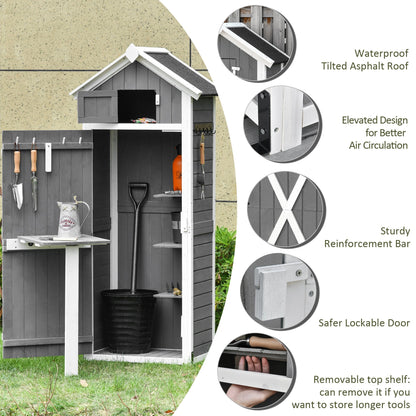 Outsunny Wooden Garden Storage Shed Multifunction Lockable Tool Cabinet Organizer w/ Workstation, 182 x 78 x 52.5 cm, Grey