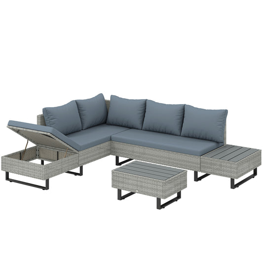 Outsunny 5 Seater Rattan Garden Furniture Set, L Shaped Garden Corner Sofa, Adjustable Back, Faux Wood Tables, Grey