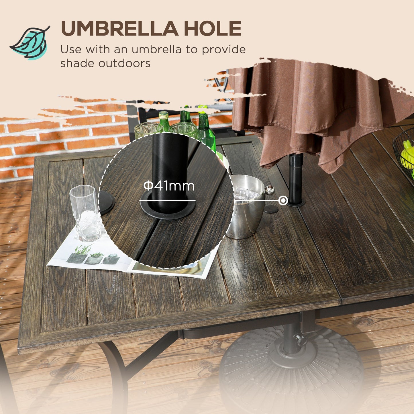 Stół ogrodowy Outsunny Six-Seater Steel, z otworem na parasol √¢≈í‚Ç¨41mm - imitacja drewna