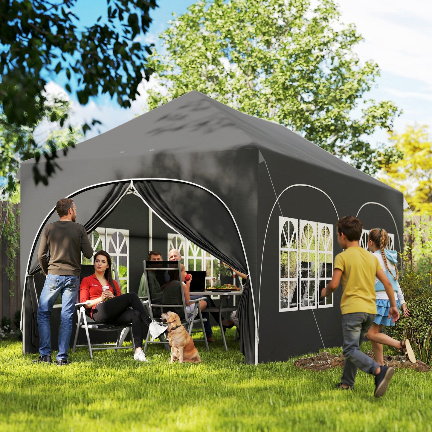 Outsunny 3 x 6m Pop Up Gazebo Shelter with Sides, 6 Sandbags, Peak Top Garden Party Tent Marquee with Carry Bag, Dark Grey