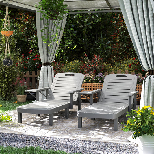 Outsunny Set of 2 Resin Reclining Sun Loungers for Garden, 5 Positions Adjustable Outdoor Chaise Lounge Chairs with Wood Texture Surface, Armrests, Foldable Side Table for Garden, Beach, Dark Grey
