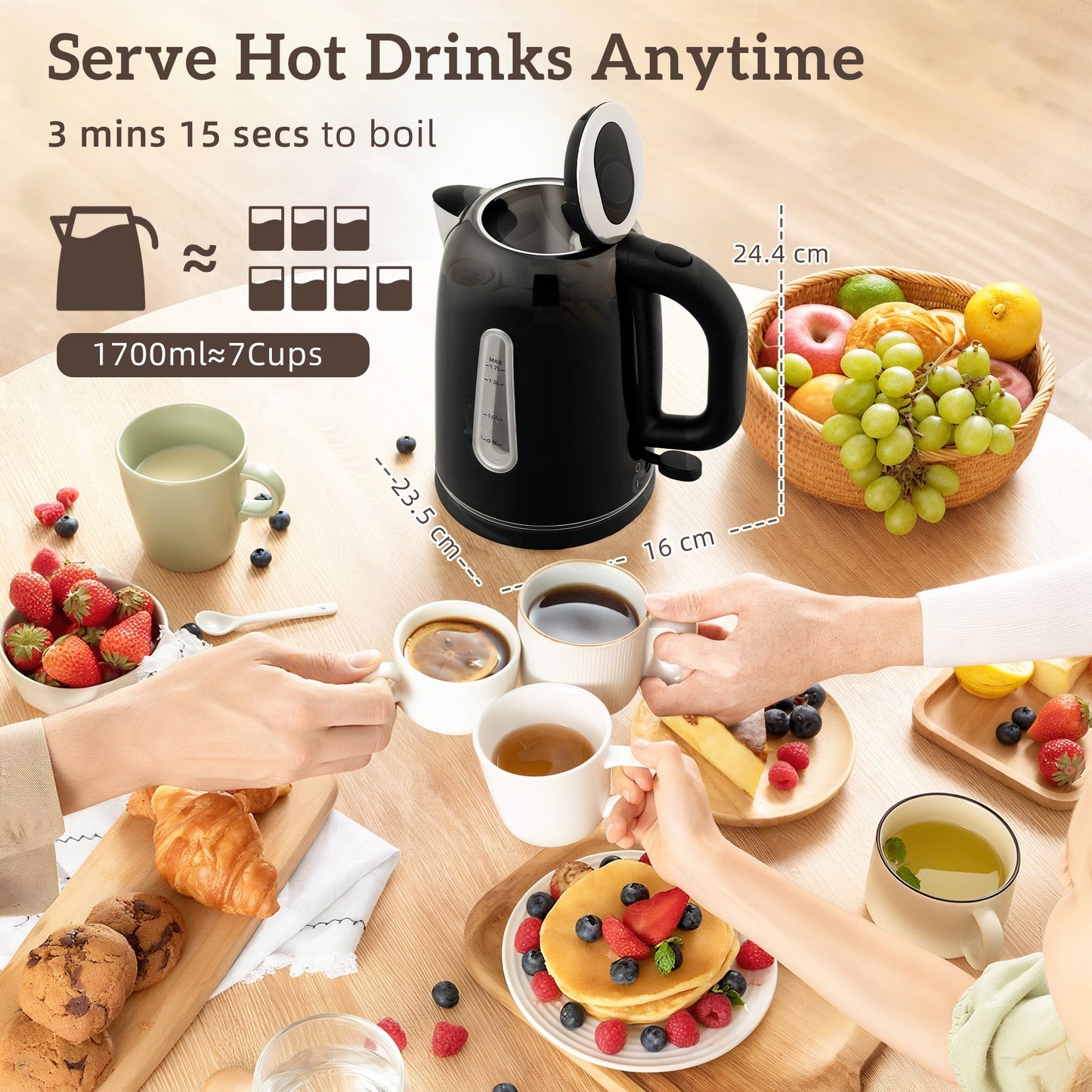 HOMCOM Kettle and Toaster Set, 1.7L 3000W Rapid Boil Jug Kettle with Otter Thermostat, Limescale Filter, 4 Slice Toaster with 7 Browning Controls, Crumb Tray, LED Strip, Black