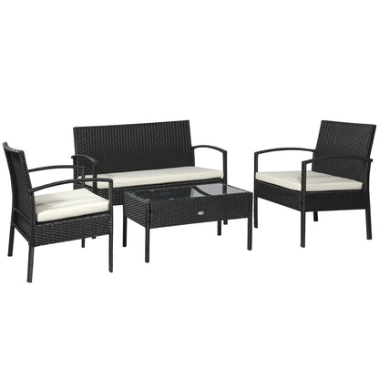Outsunny 4 Pieces Rattan Garden Furniture Set, 4 Seater Garden Sofa Set with Loveseat, Armchairs and Glass Top Table, Wicker Conservatory Furniture with Cushions for Patio, Balcony, Black
