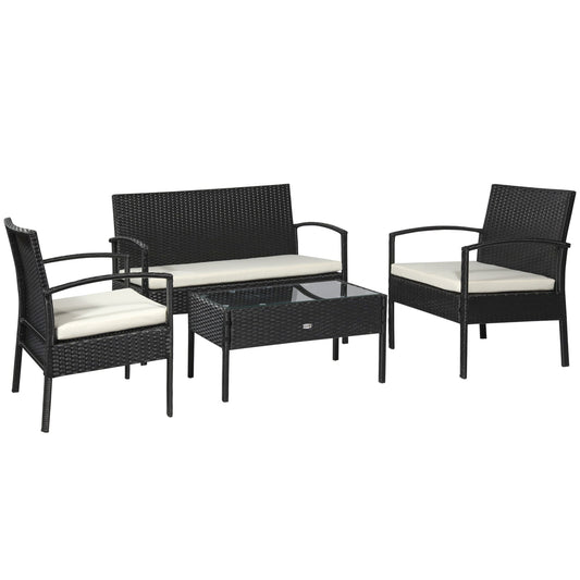 Outsunny 4 Pieces Rattan Garden Furniture Set, 4 Seater Garden Sofa Set with Loveseat, Armchairs and Glass Top Table, Wicker Conservatory Furniture with Cushions for Patio, Balcony, Black