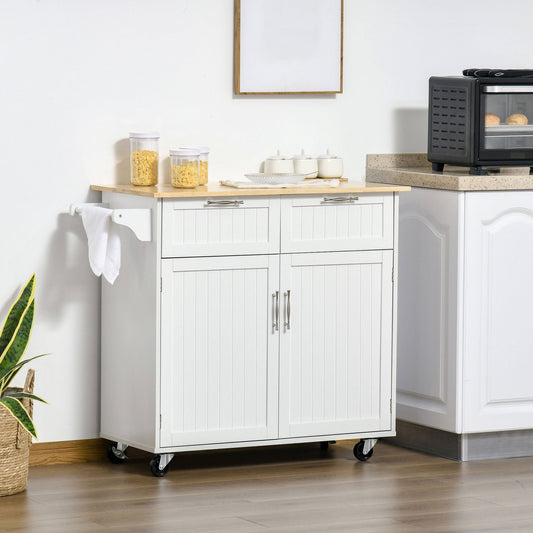 HOMCOM Kitchen Island Utility Cart, with 2 Storage Drawers & Cabinets for Dining Room, White