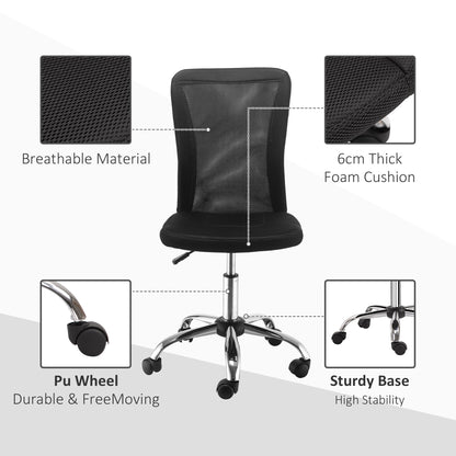 Vinsetto Office Chair, Armless Desk Chair, Adjustable Computer Swivel Chair with Rolling Wheels and Mesh Back for Home Work Study, Black