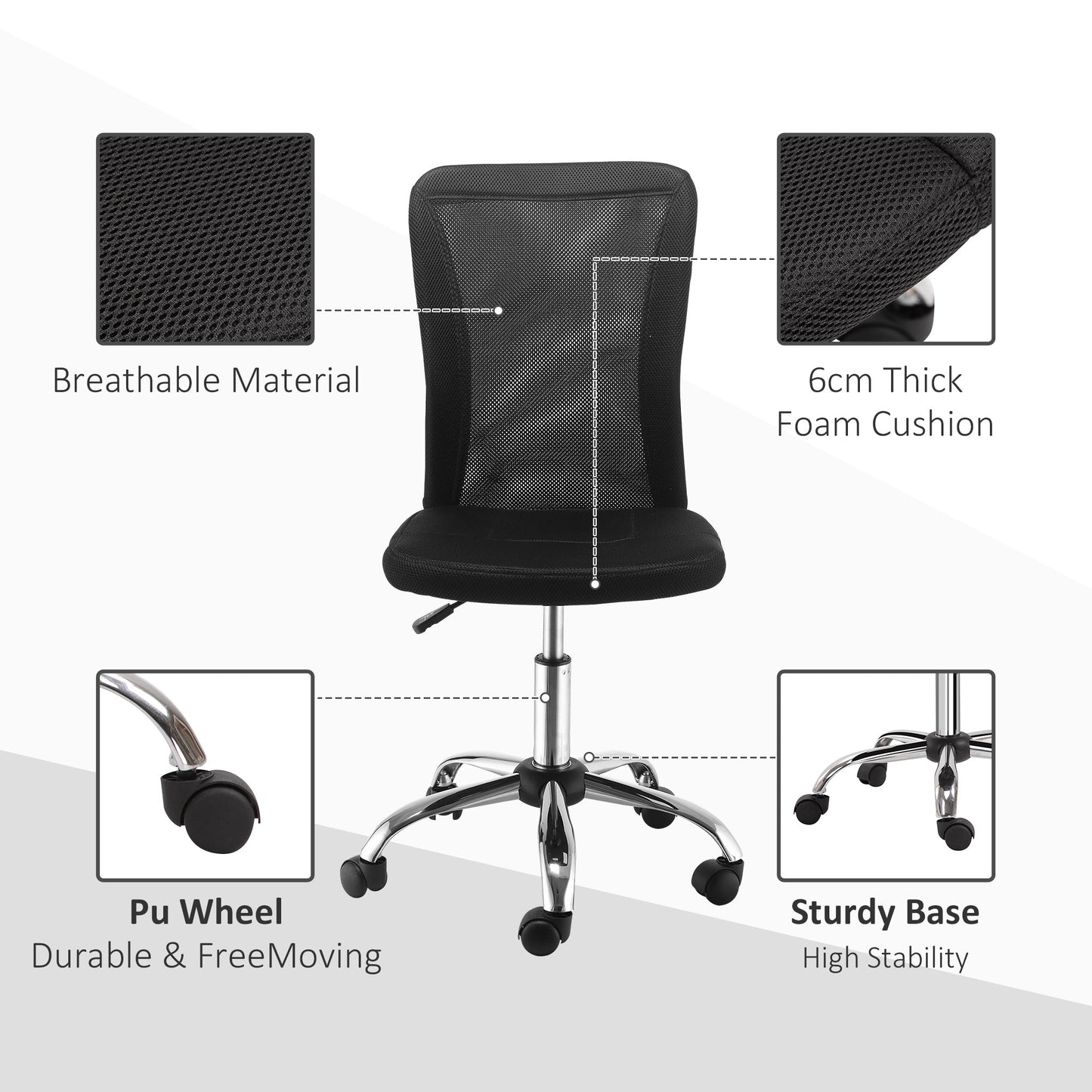 Vinsetto Home Office Mesh Task Chair Ergonomic Armless Mid Back Height Adjustable with Swivel Wheels, Black