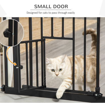 بوابة PawHut Extra Tall Pet Gate، بوابة أمان للكلاب في الأماكن المغلقة، مع فتحة للقطط، إغلاق تلقائي، عرض 74-80 سم - أسود