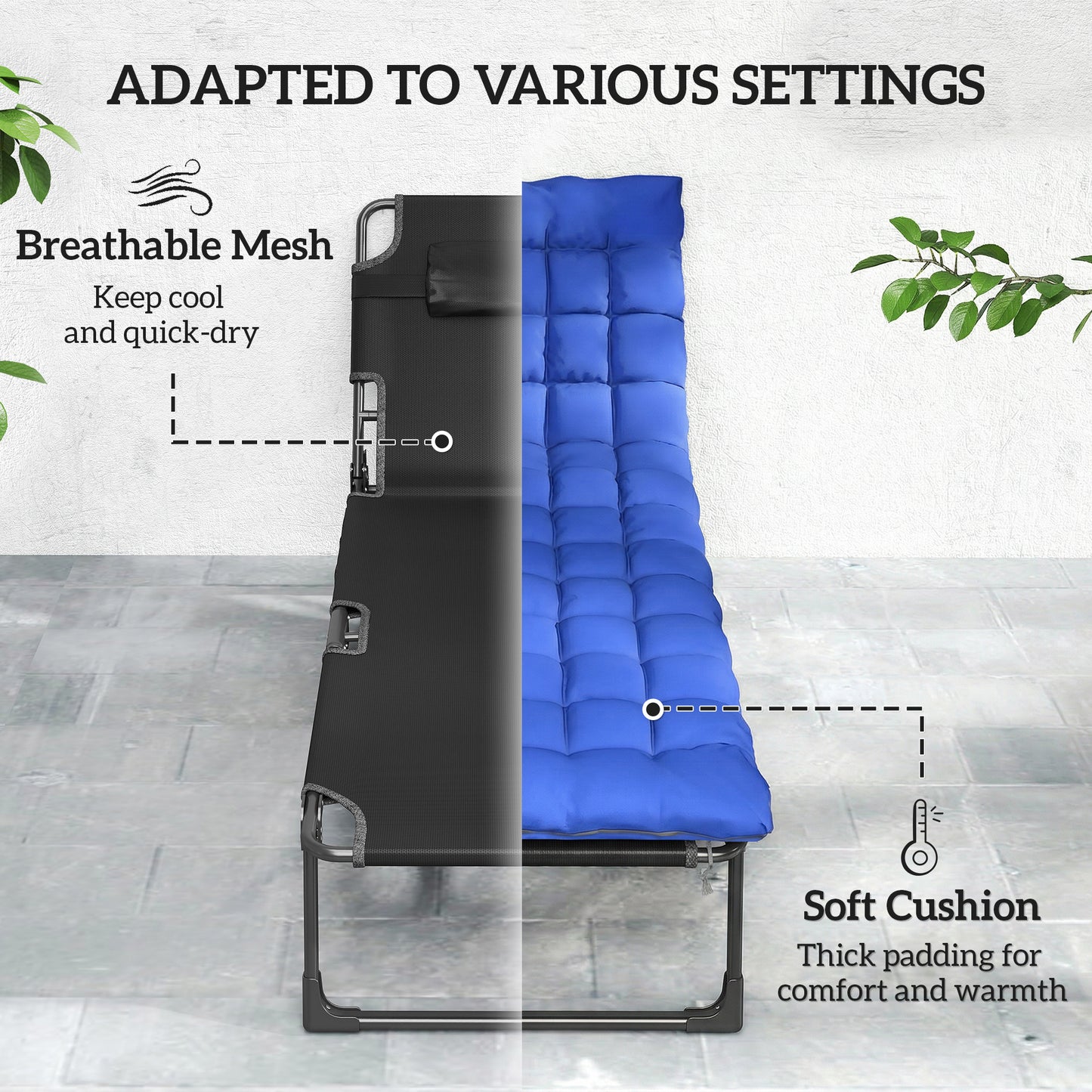 Outsunny Folding Sun Loungers for Garden Set of 2, 5-Position Oversized Camping Bed Recliner with Cushions, Blue