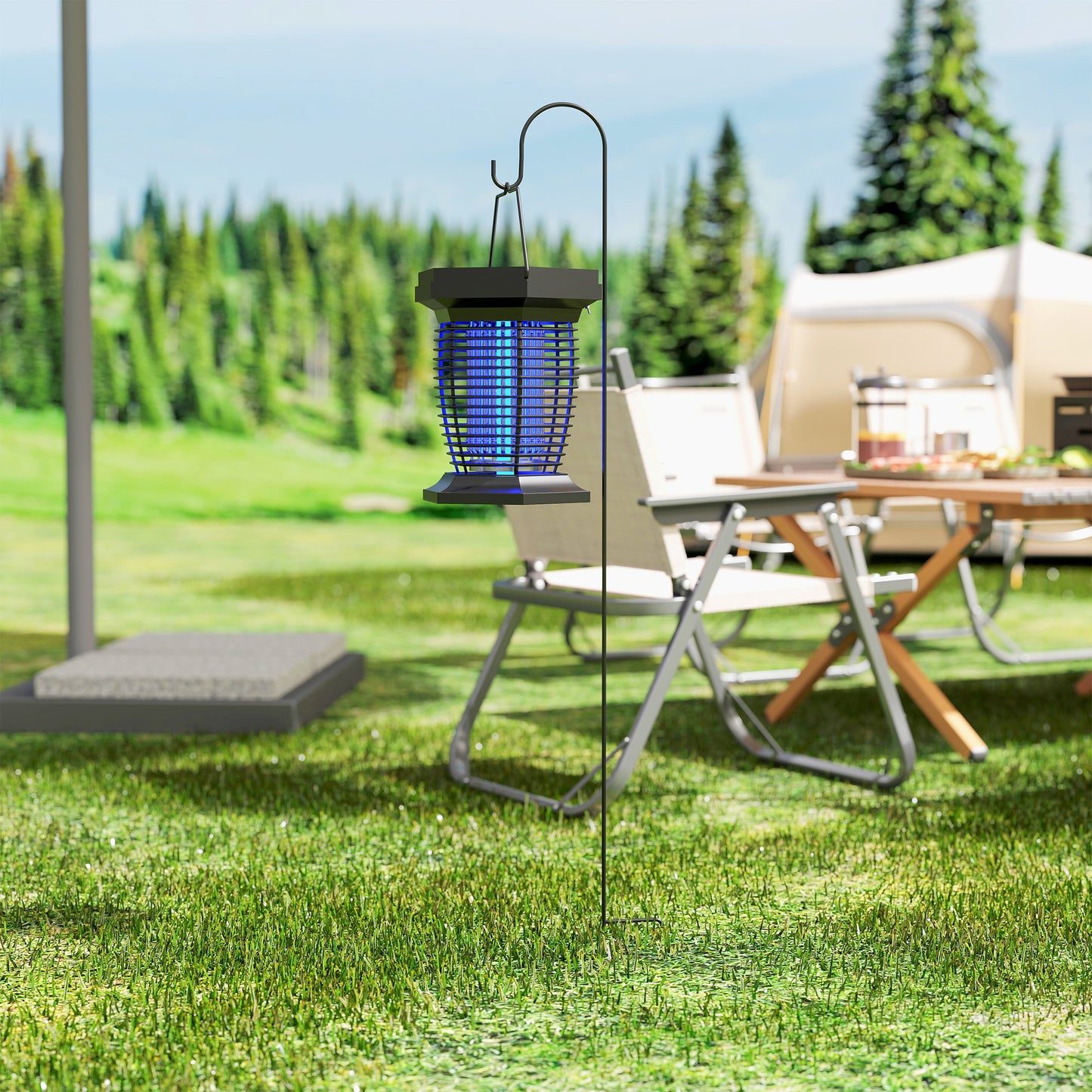 Elektryczna pułapka na muchy Outsunny 2 w 1 z lampą UVA, wisząca lampa ogrodowa, solarna i ładowana przez USB-DC, pułapka na owady i komary, do użytku wewnątrz i na zewnątrz, czarna