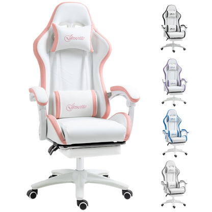 Vinsetto Computer Gaming Chair, PU Leather Desk Chair with Footrest, Swivel Task Chair with 135¡ Reclining Back and Lumbar Support, PC Chair for Adults, White and Pink