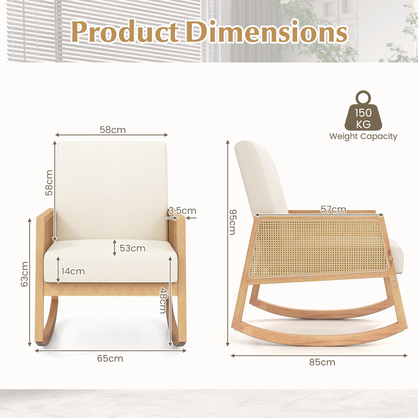 Rocking Chair with Rattan Armrests and Upholstered Cushion-Beige