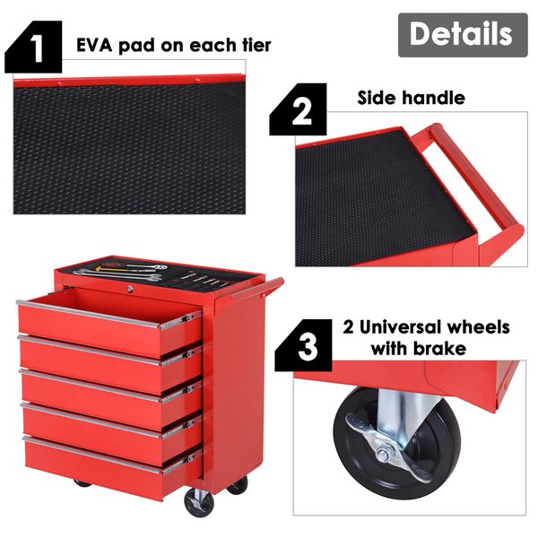 5 Drawers Roller Tool Cabinet - Red