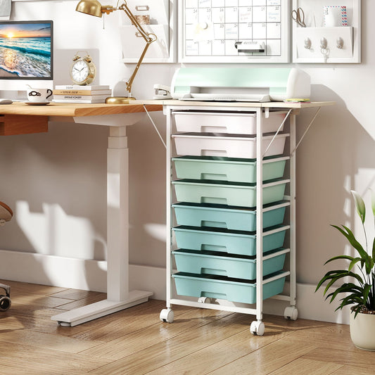 Rolling Cart with 8 Drawers and Foldable Side Panels for Dorm-Green