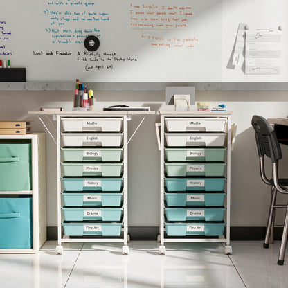 Rolling Cart with 8 Drawers and Foldable Side Panels for Dorm-Green