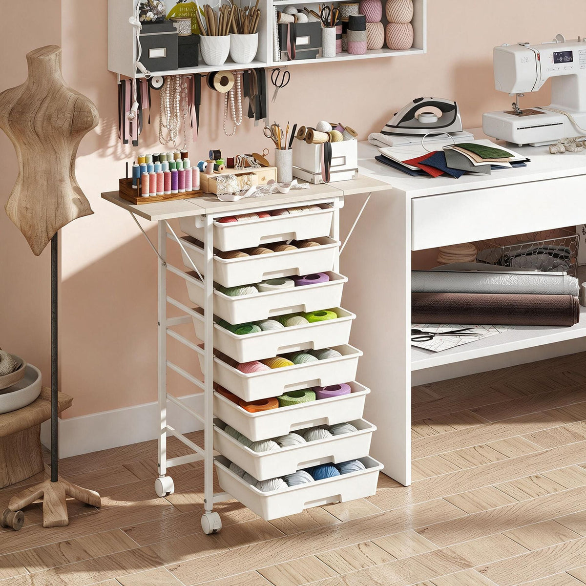 Rolling Cart with 8 Drawers and Foldable Side Panels for Dorm-White