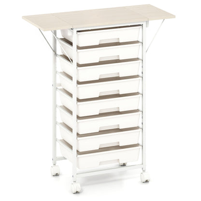 Rolling Cart with 8 Drawers and Foldable Side Panels for Dorm-White