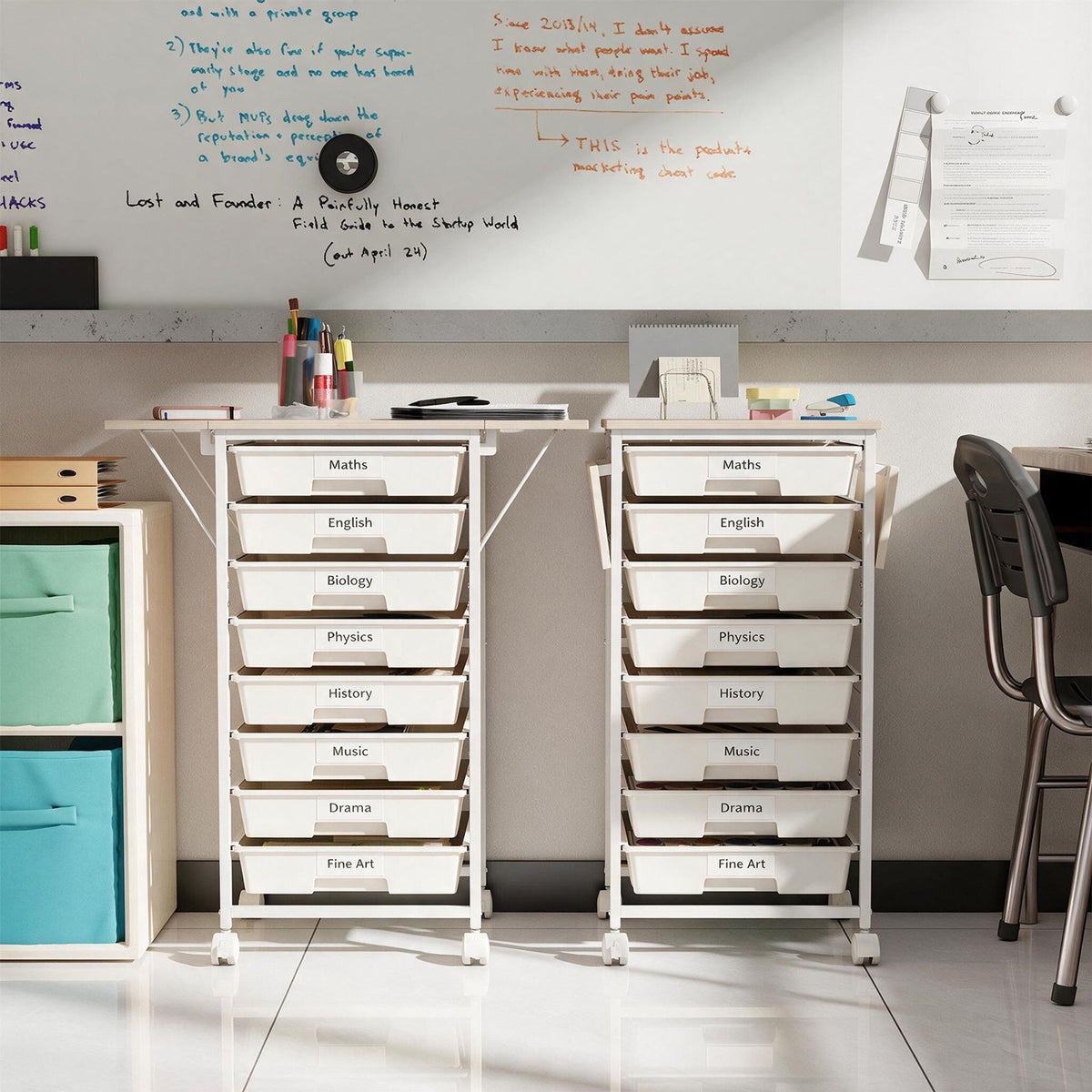 Rolling Cart with 8 Drawers and Foldable Side Panels for Dorm-White