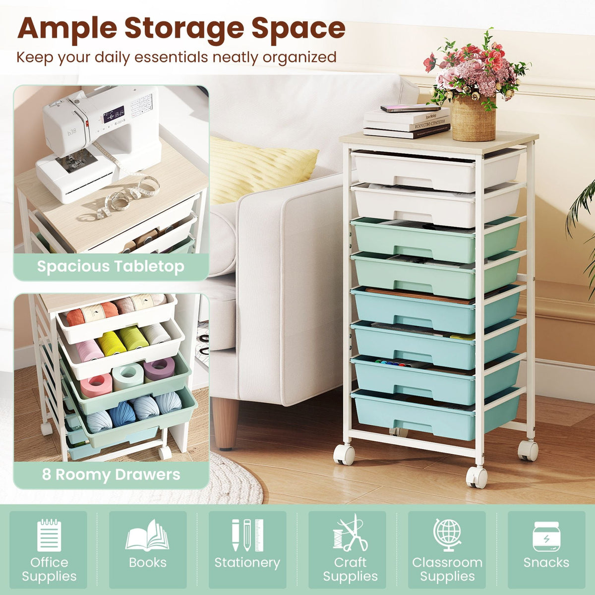 Rolling Cart with 8 Drawers and Lockable Wheels for Dorm-Green