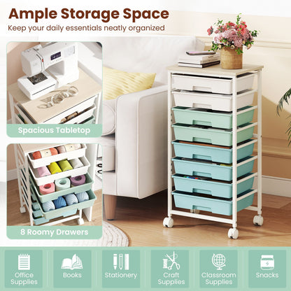 Rolling Cart with 8 Drawers and Lockable Wheels for Dorm-Green