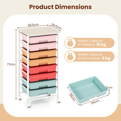 Rolling Cart with 8 Drawers and Lockable Wheels for Dorm- Macaron