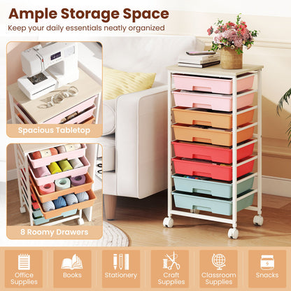Rolling Cart with 8 Drawers and Lockable Wheels for Dorm- Macaron