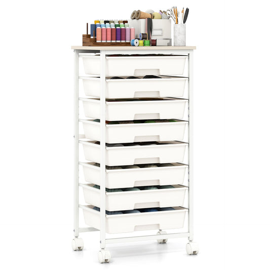 Rolling Cart with 8 Drawers and Lockable Wheels for Dorm-White