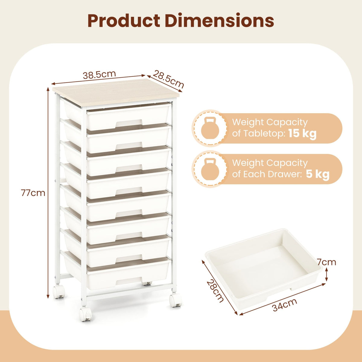 Rolling Cart with 8 Drawers and Lockable Wheels for Dorm-White
